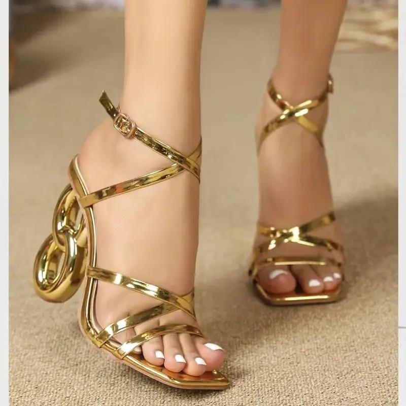 Fashion Golden Narrow Band Square Toe Women Sandals Designer Fretwork High Heels Shoes Woman Ladies Shoes For Women