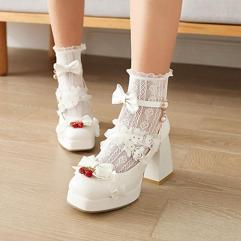 Ladies Woman Platform High Heel Sweet Lolita Cosplay Strawberry Pumps Square Toe 9cm Ladies Thick Heels Bowtie Buckle Size33-43