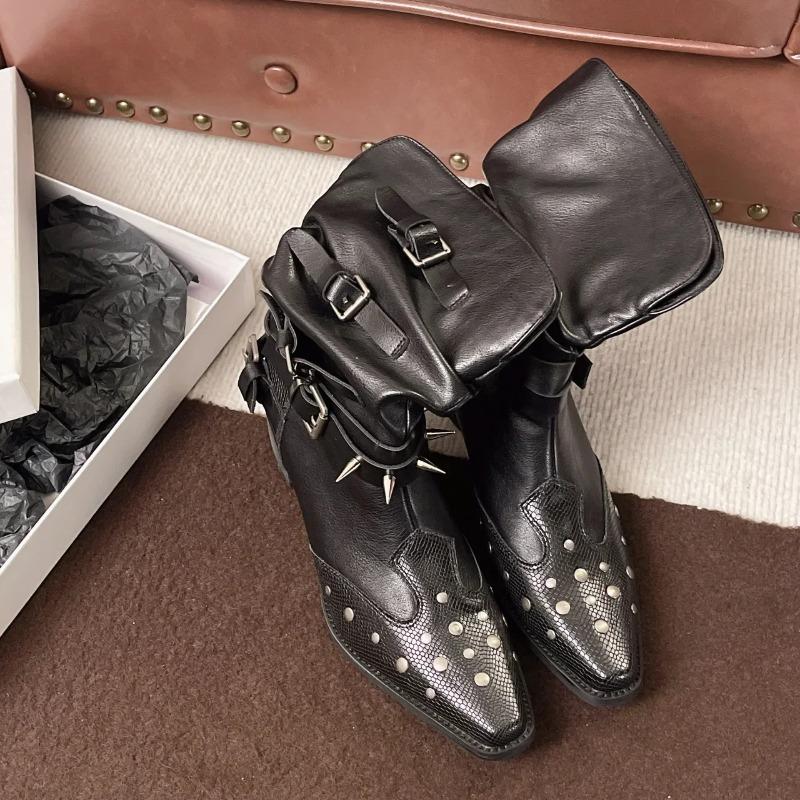 Fashion Western Style Short Boots Fashionable Pointed Toe Flat Mouth Design Slimming Rivet Knight Boots Women's Fashion Long Boots