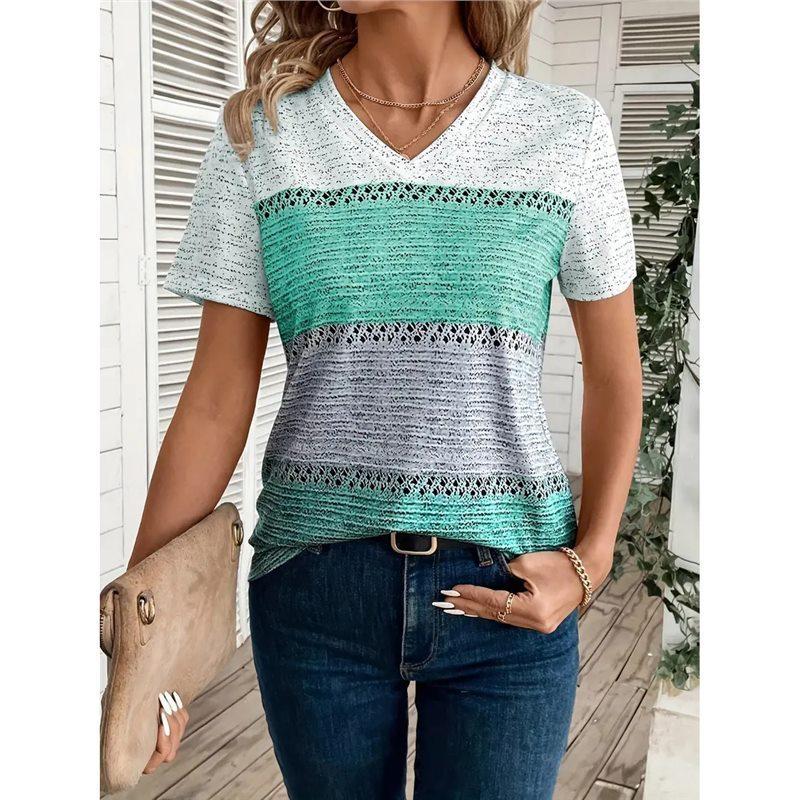 Summer V-neck 3D Square Stripe Printed Top Fashionable Casual Short Sleeved Women's T-shirts