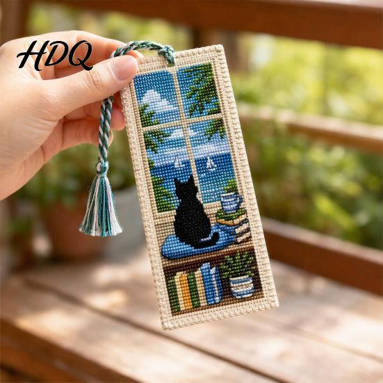 Tassel Bookmark Seasonal Cat Cross-Stitch Bookmark Four Seasons Black with Decor Braided Rope Handcrafted Book Page Marker for Lovers Window Scene