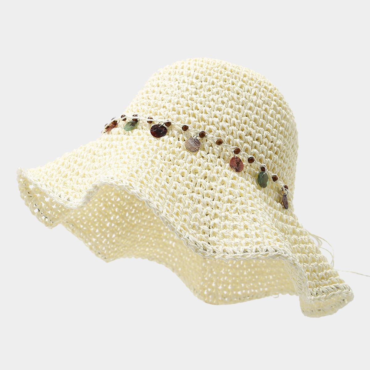 

Летняя ажурная соломенная шляпа с широкими полями, дышащая, для защиты от солнца, вязаная крючком, для отпуска, женская пляжная шляпа 56-58cm