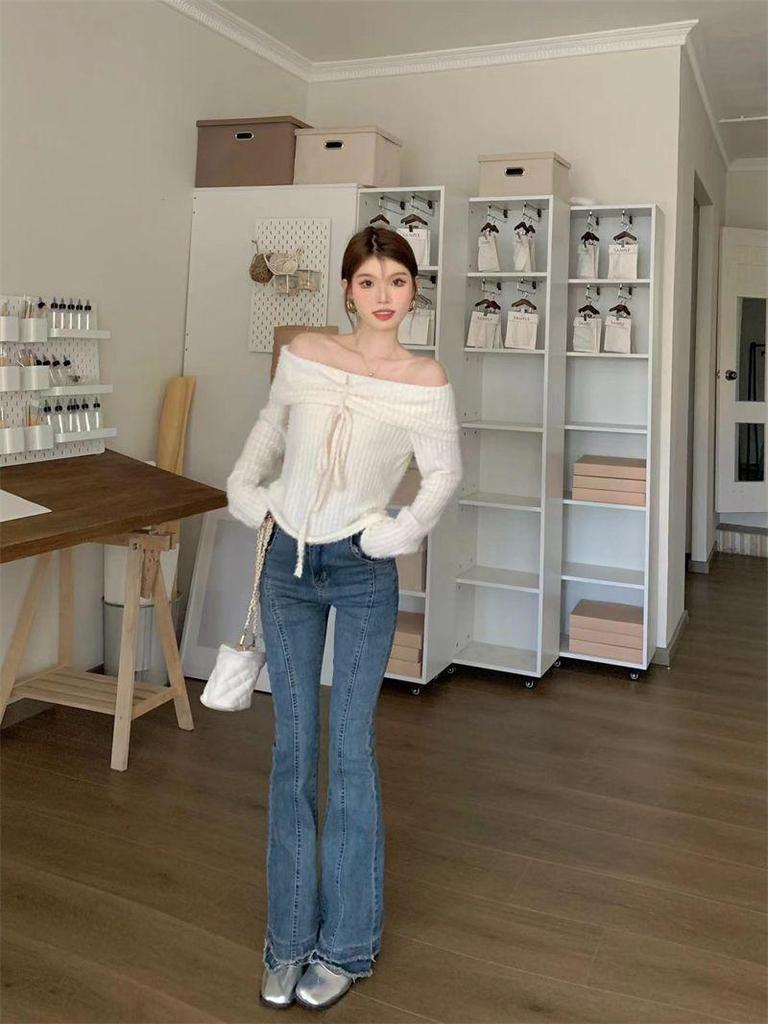 Koreanischer Spicy Girl Neckholder Schulterfreier Pullover - Damen Herbst Langarm Stilvolles Oberteil