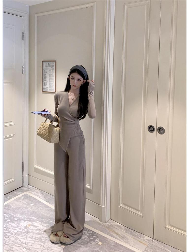 Irregular Slim Fit V-neck Top & Micro Flare Wide Leg Pants Set for Women - Autumn Collection 2026