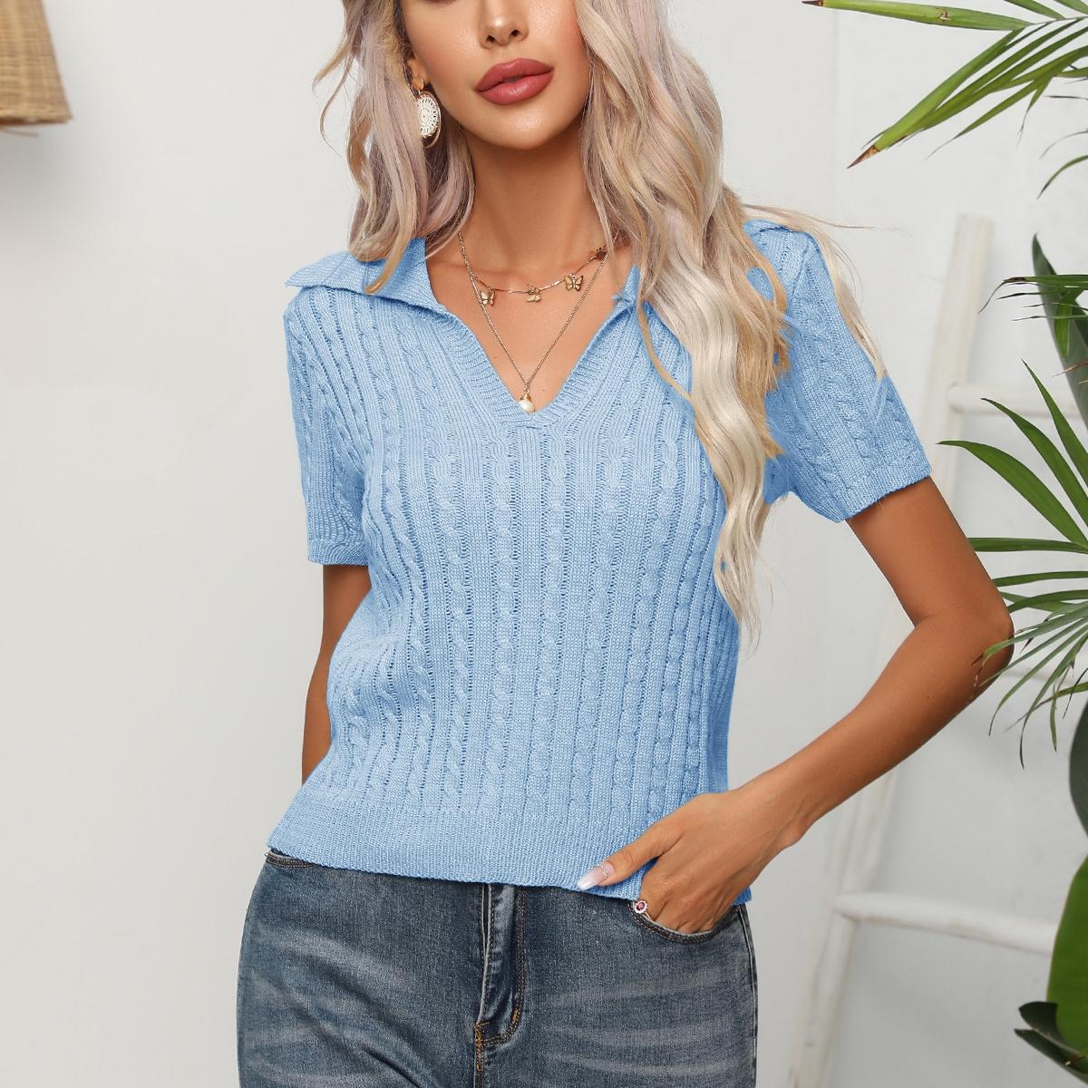 

GMXIA Свитер с коротким рукавом и перекрученными лацканами, женский короткий топ с цветочным принтом, летние женские свитера XL светло-синий