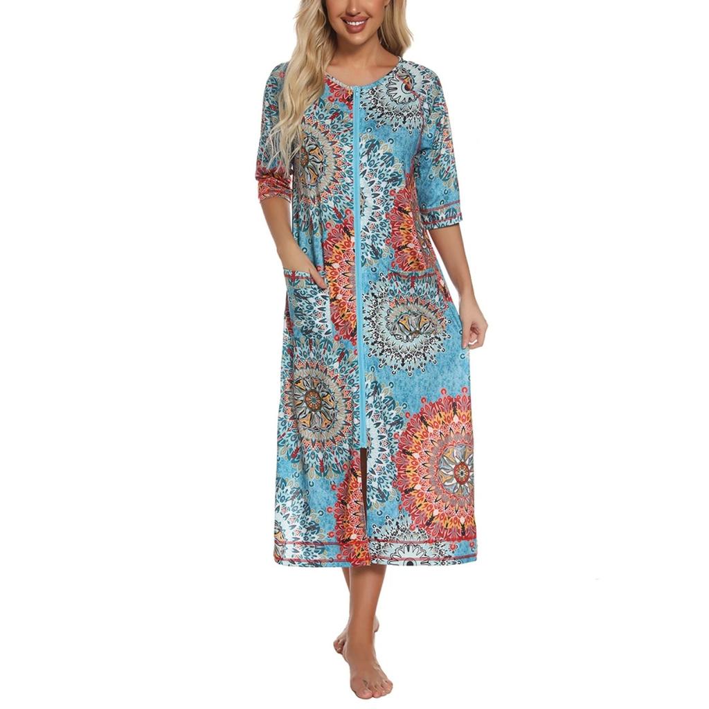 Cremallera Ropa de Dormir para Mujer Pijama Vestido de Maternidad Manga 3/4 Lactancia Bebé Lactancia Camisón Vestido de Embarazo