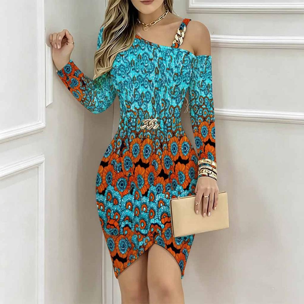 Women Plus Size Cold Shoulder Long Sleeve Black White Tie Dye Print Irregular Wrap Bodycon Midi Dress