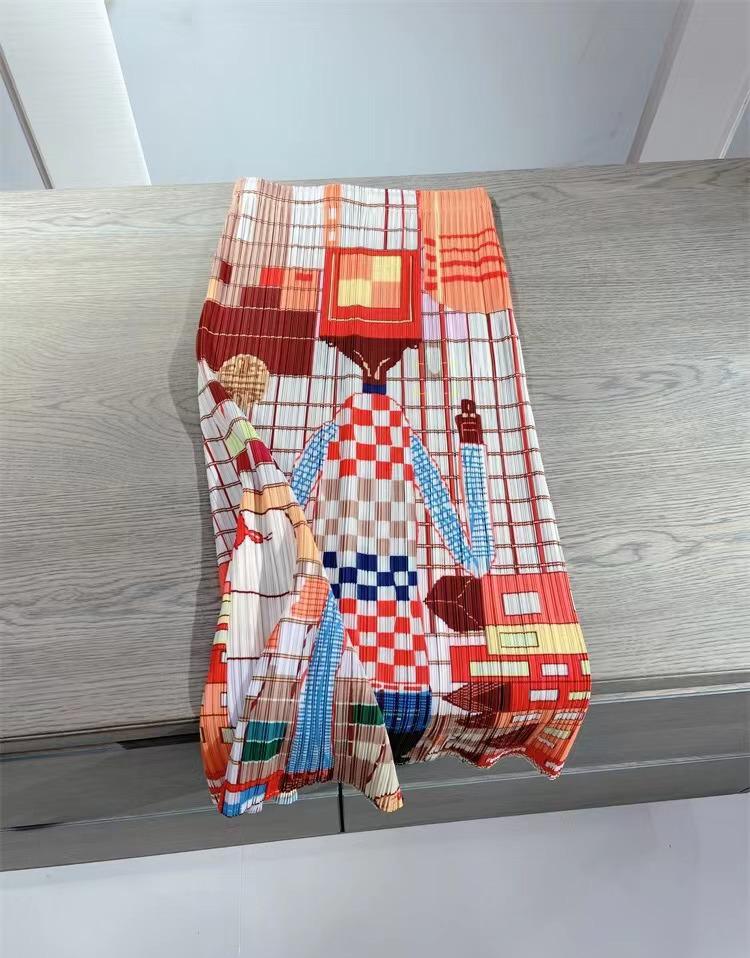 Miyake Cartoon Character Pleated Mid-Length Skirt with Plaid Print and Back Slit