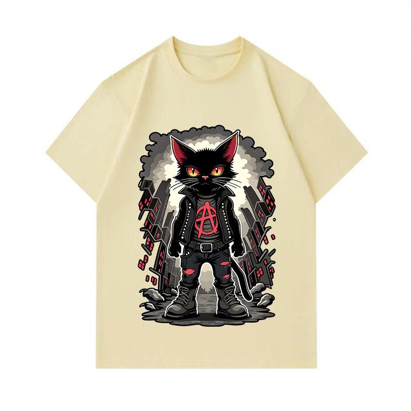 Men's 100% Cotton Crew Neck Short Sleeve T-Shirt, Punk Anarchist Black Cat Printed Casual Urban Streetwear Tee for Daily Wear