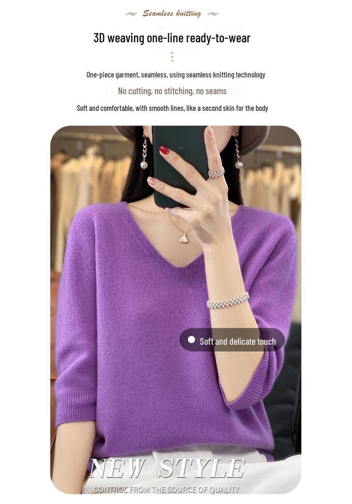Women's 100% Pure Wool V-neck Short-Sleeve Knit T-shirt, Spring/Autumn Versatile Base Layer Sweater