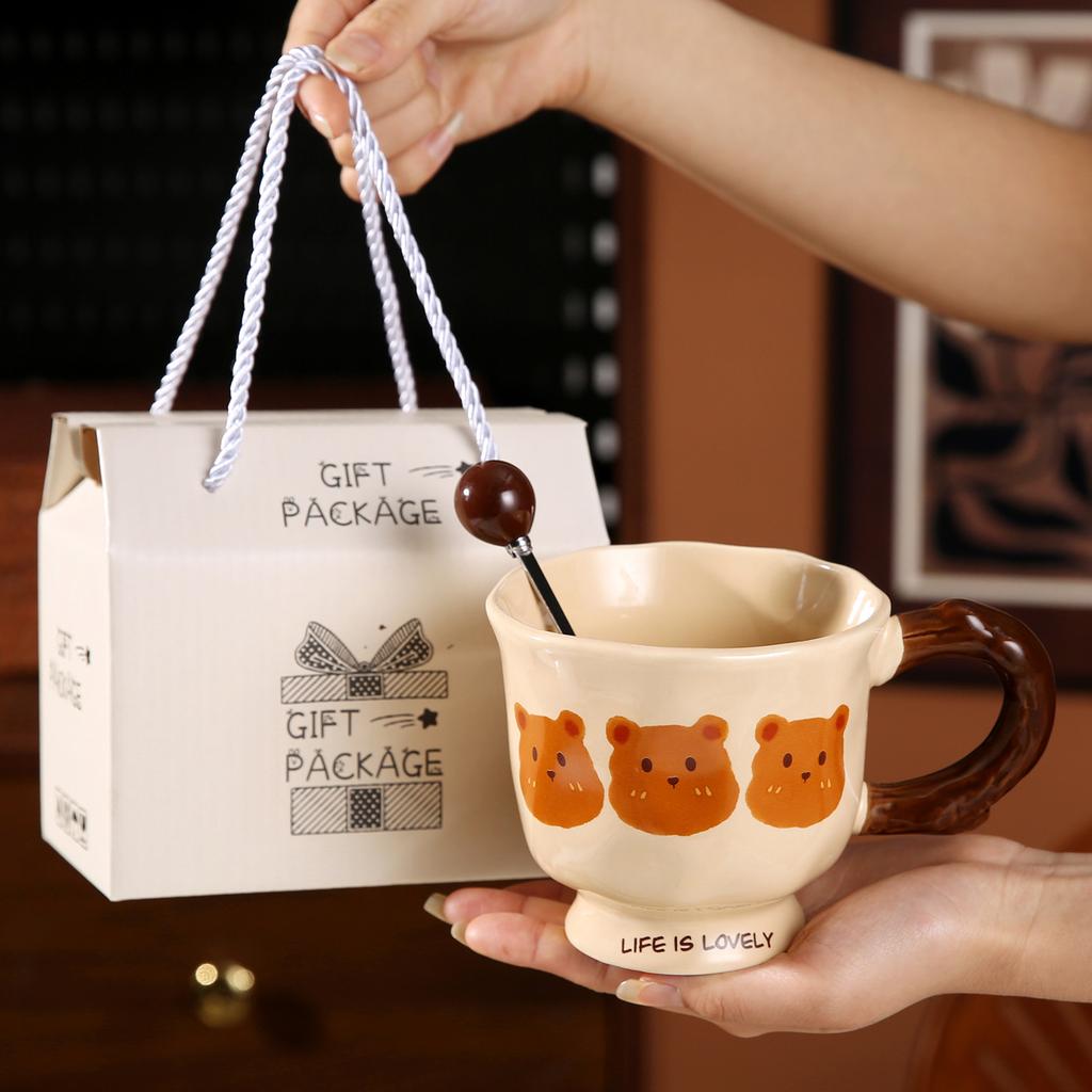 Drinking Cup Coffee Breakfast Cup High Value Cute Boy And Girl Bear With Lid Mark Couple Ceramic Cup Spoon
