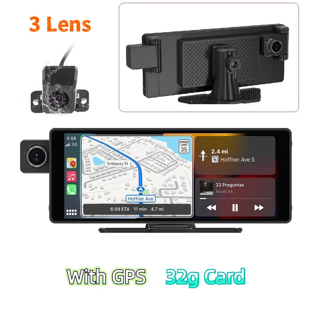3-lens Dashcam, 10.26" HD Wireless CarPlay Car Navigation GPS.
