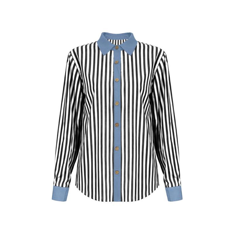 Women Color Block Stripe Splicing Loose Long Sleeve Collared Shirt