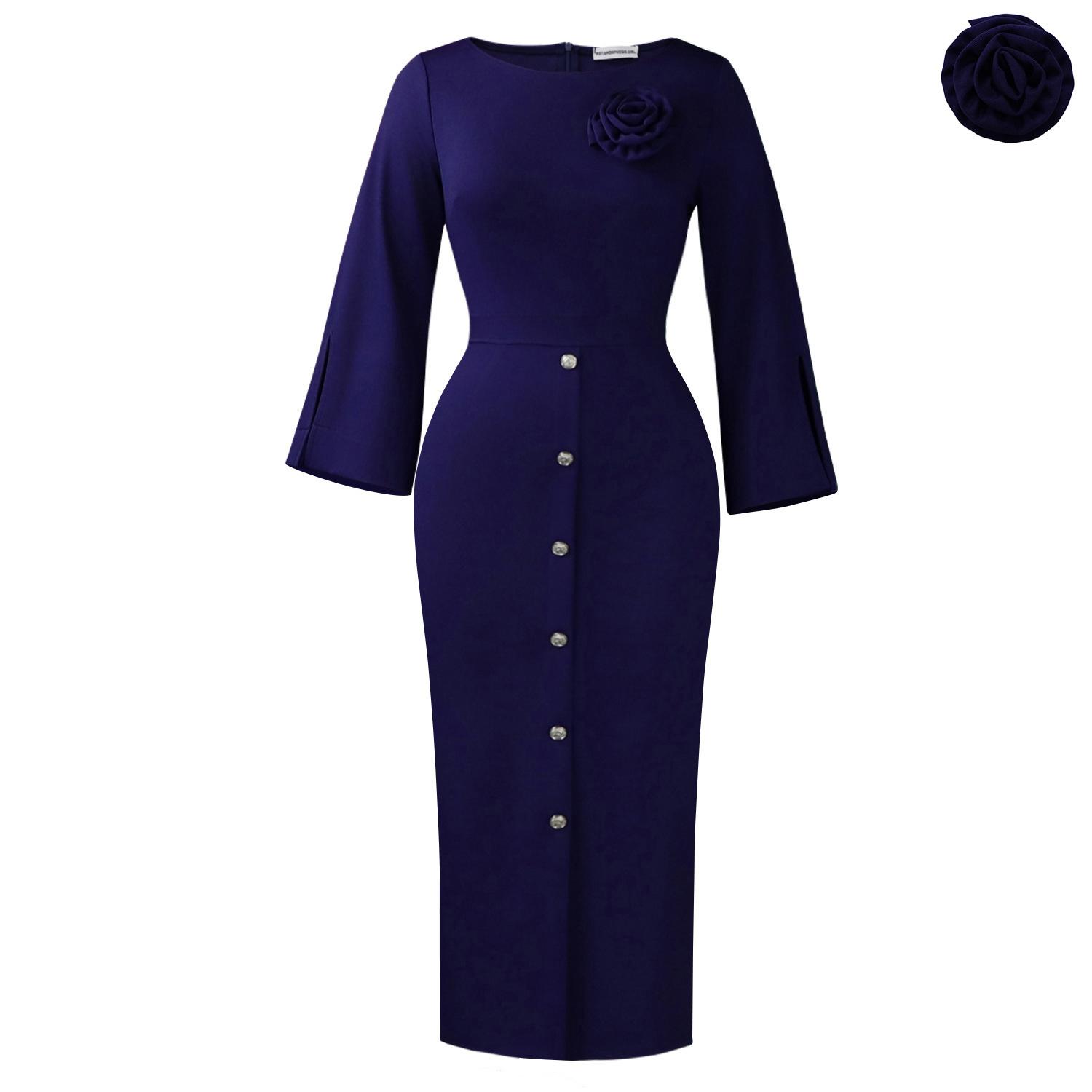 Women s clothing autumn new round neck three-dimensional flower decoration solid color fashionable and elegant dress S