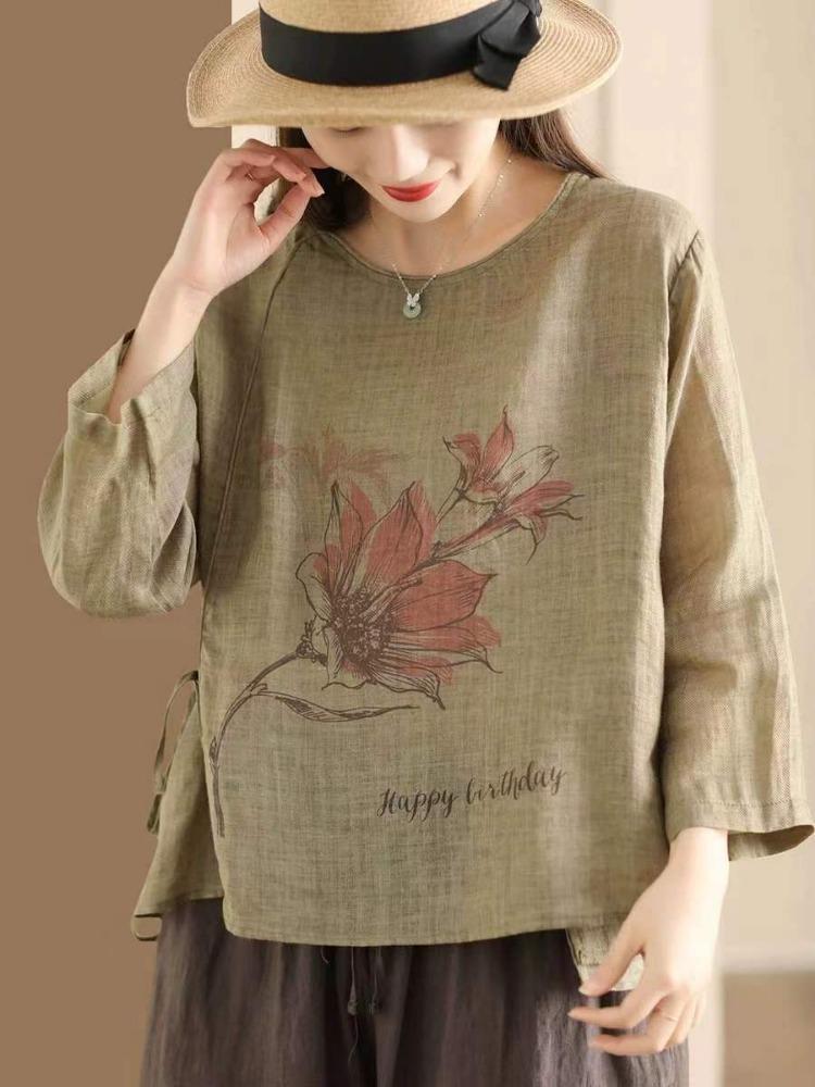 Vintage Floral Print Bandage Tops Women Blouses Chinese Style Seven Sleeve Spring Loose Shirts