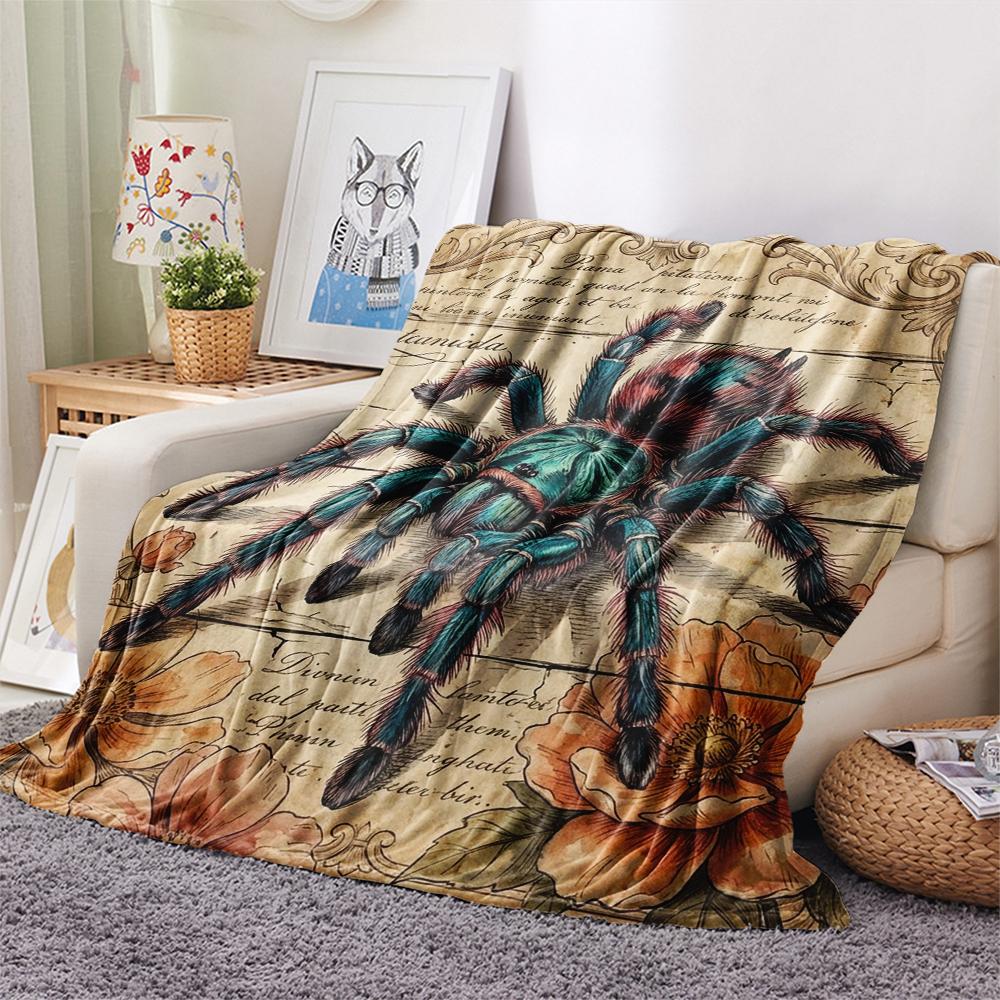 1PC Retro Spider Snake Print Flannel Blanket, High quality All Seasons, Home Decor, Warmth and Comfort, Perfect for Christmas Gifts