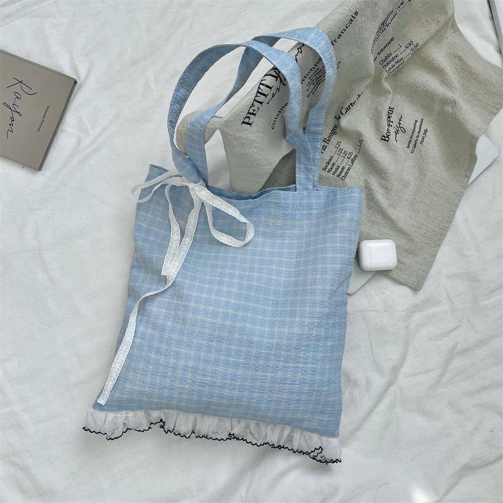 Retro Lace Bow Women's Shoulder Bag Large Capacity Girls Plaid Travel Tote Shopping Bag Commuter Female Handbags Portable Purse