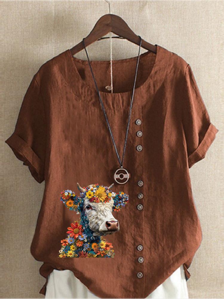 Women's Fashion Buffalo Print Round Neck Short Sleeve T-shirt Casual Cotton Linen Graphic Shirt Leisure Loose Summer Blouse Tops