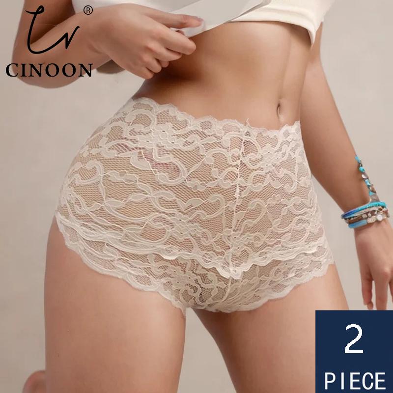 

CINOON 2Pcs/lot New Panties Women Lace Underwear Sexy High Waist Briefs Embroidery G String Underpant Solid Transparent Female Lingerie L