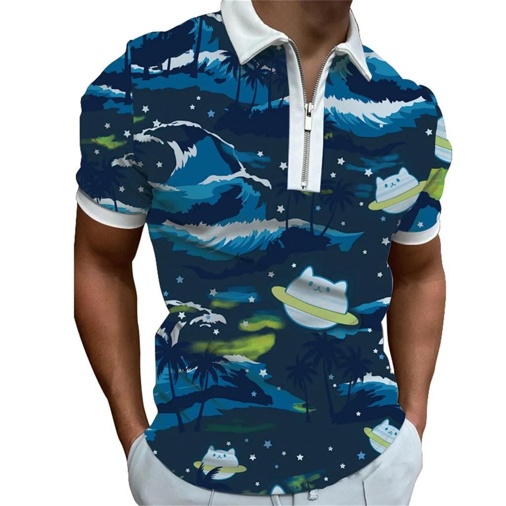 Men's Spring and Summer Short Sleeve Casual Polo Shirt Men's Personality Fashion Printed Zipper Lapel Polo T-shirt