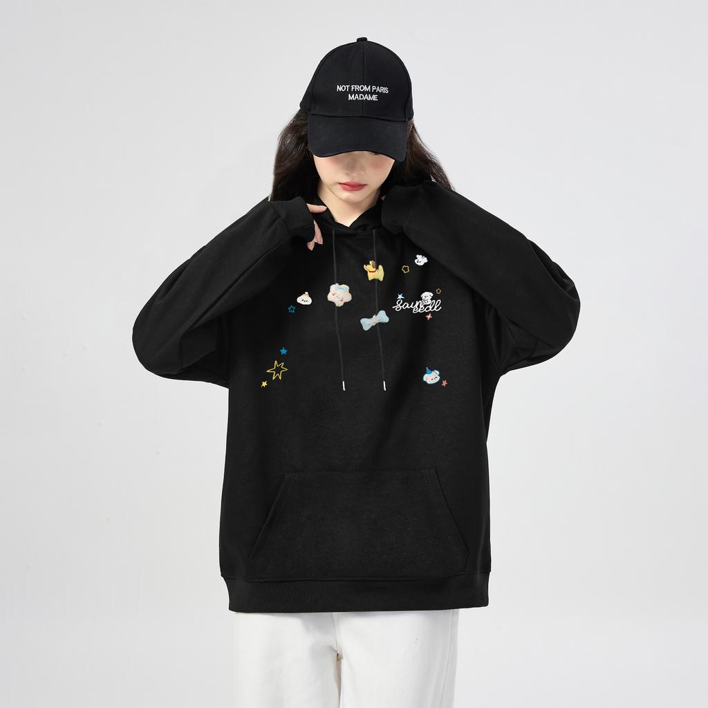 Hooded Spring and Autumn Embroidered Thin Cartoon Plus Velvet Thickened Trendy Student American Heavy Coat Loose Version Hoodie