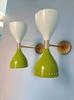 Mid Century Italian Brass Wall Sconce Pair: White & Olive Green Diabolo Light