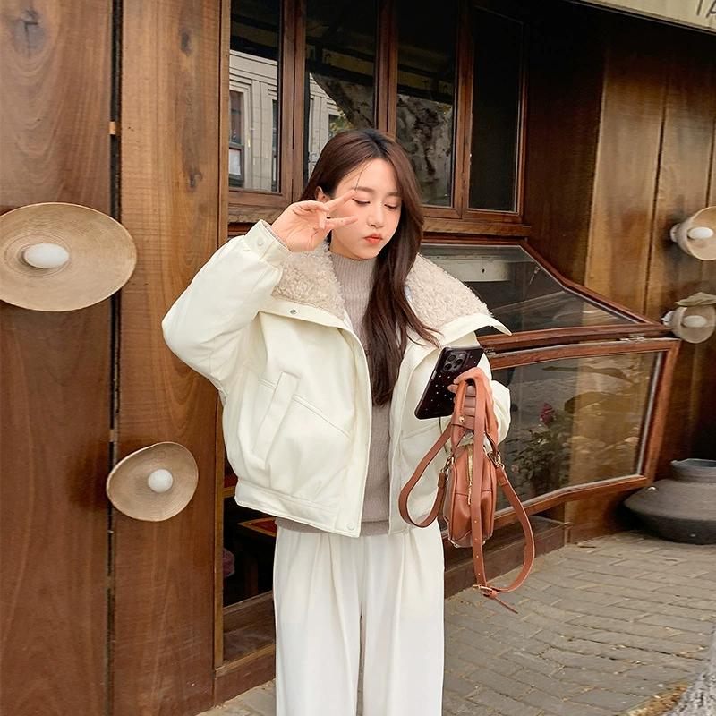 All-match Lambskin Cotton-padded Jacket Women's Short Lamb Wool Down Cotton-padded Jacket Winter Fur Collar Cotton-padded Jacket