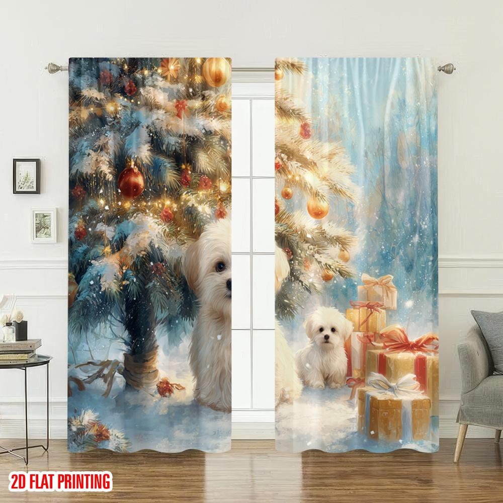 Set Of 2 Flat Printing Merry Christmas Curtains Puppies Snow Gift Digital Printed Polyester Drapes Family Party Made