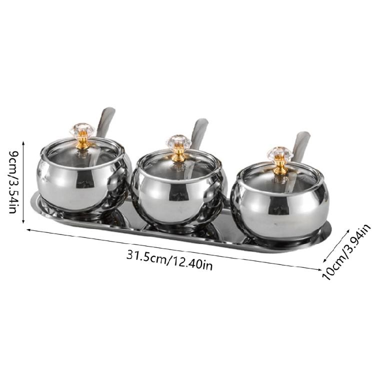 Practical Spices Jar Set with Serving Spoons Stainless Steel Spices Jar Set 3 Sections with Lid and Tray for Serving