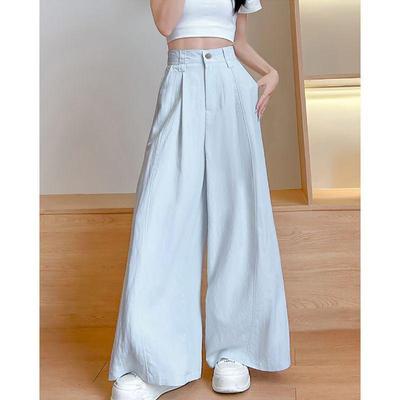 2026 Summer Women's High-Waisted Cotton Linen Wide-Leg Pants - Slimming, Casual, Draping, Floor-Length Trousers