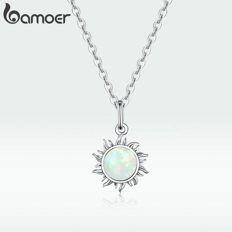 Bamoer 925 Silver White Opal Sun Pendant Necklace Apollo Chain Necklaces for Women Birthday Gift Jewelry