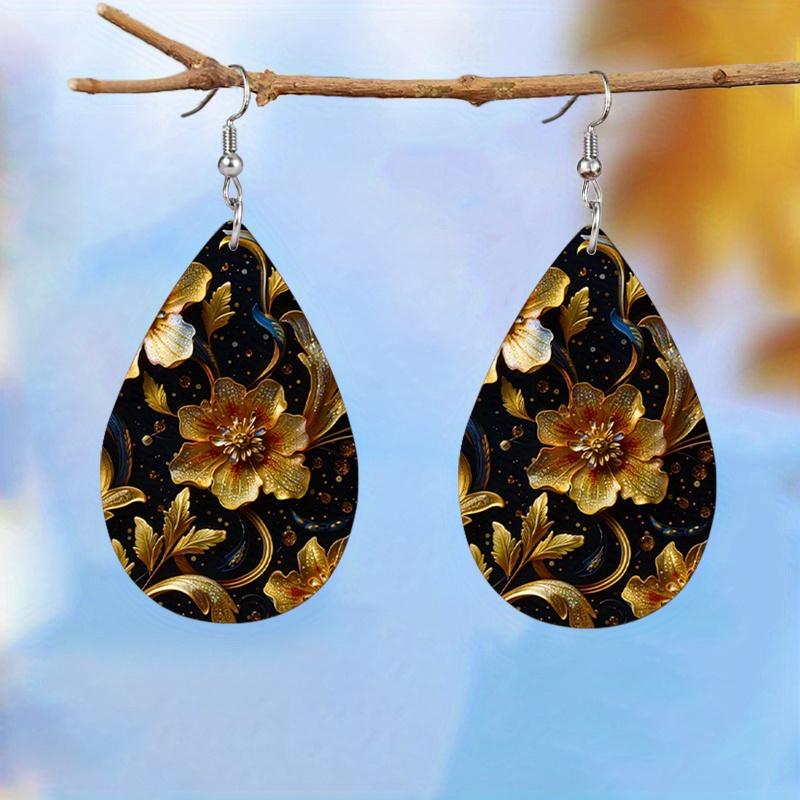 Vintage Style Golden & Pink Flower Pattern PU Leather Earrings for Women Elegant Earrings Birthday Gifts Mother's Day Gifts Christmas Gifts