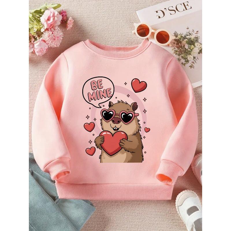 Kids Crewneck Long Sleeve Pullover Sweatshirt, Cartoon Capybara Holding Hearts Graphic Print
