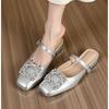 Silver Bag Head Slippers Women's French Thick Heel 2025 New Fairy Square Head One-word Buckle with Mary Jane Single Shoes