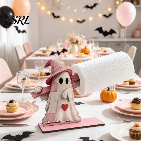 Wooden Roll Paper Stand Halloween Towel Holder, Cute Patchwork Ghost Napkin Stand, Holiday Home Accents Rustic Dispenser for Kitchen Dining