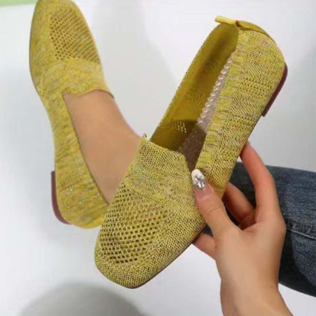 Women Slip On Casual Flat Shoes Metal Buckle Loafers Comfortable Lightweight Breathable Knit Fabric Large Size