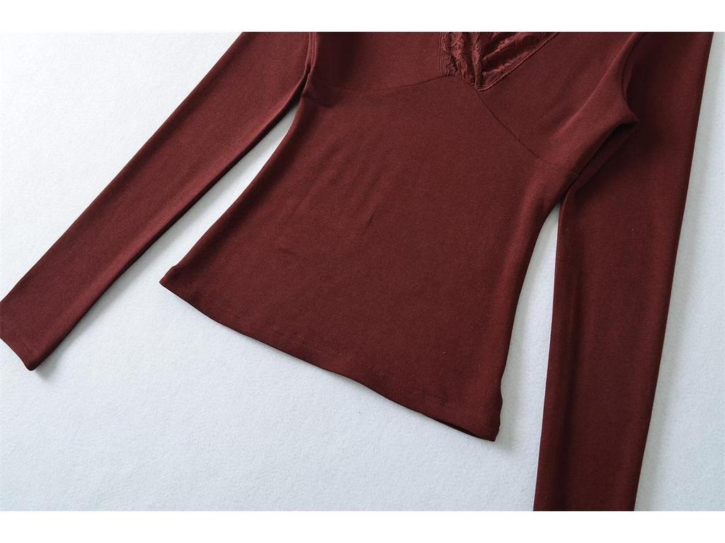 Korean Style Lace Trim V-Neck Slim-Fit Fleece Long Sleeve Women's Top