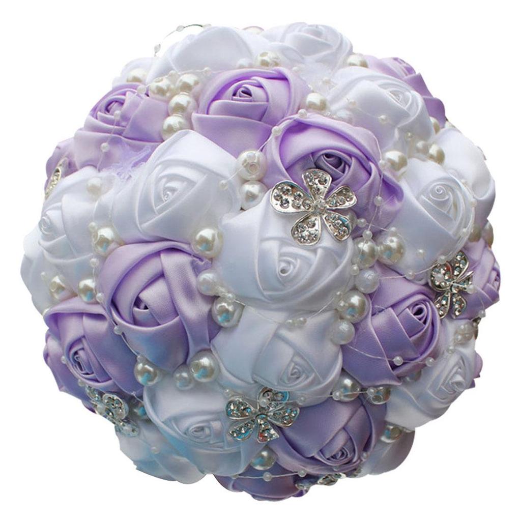 European & American Elegant Ribbon Flower Bridal Bouquet – Beaded Five-Flower Design