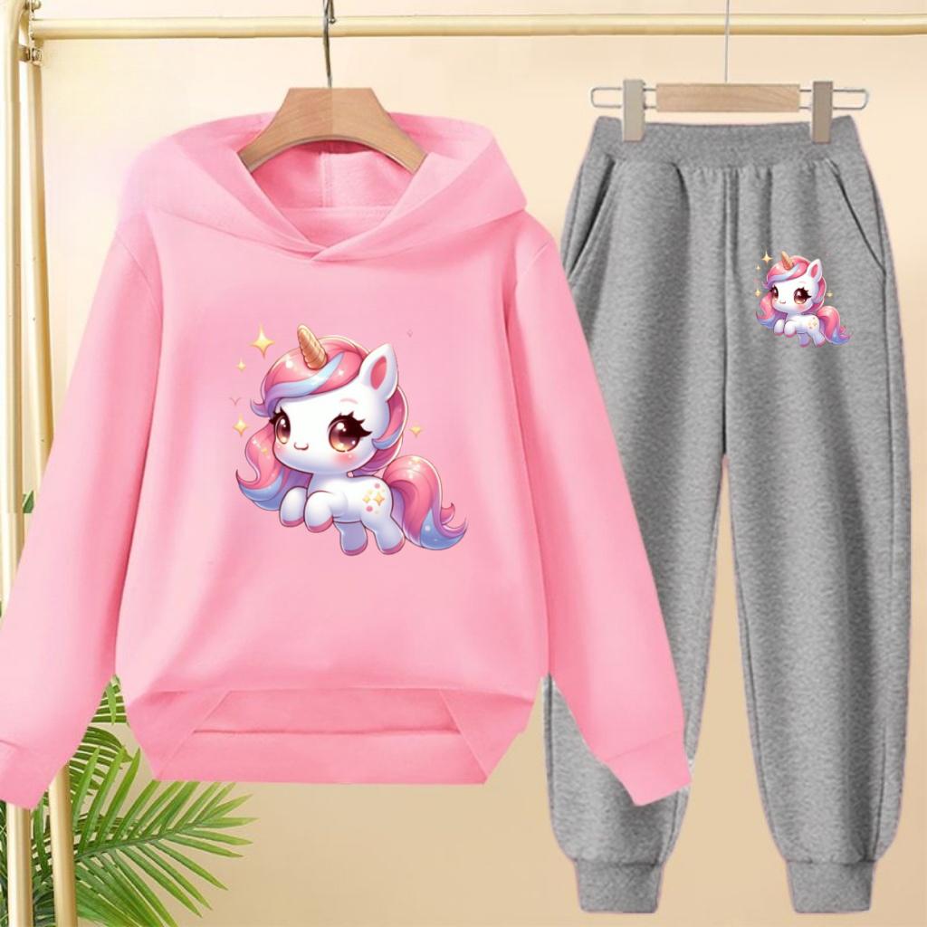 Kids Clothes Cute Unicorn Print Hoodie Sportswear Coat+Pants 2P Boy Girl Toddler 3-12Y Leisure Top Fashion Sunshine Charming Set