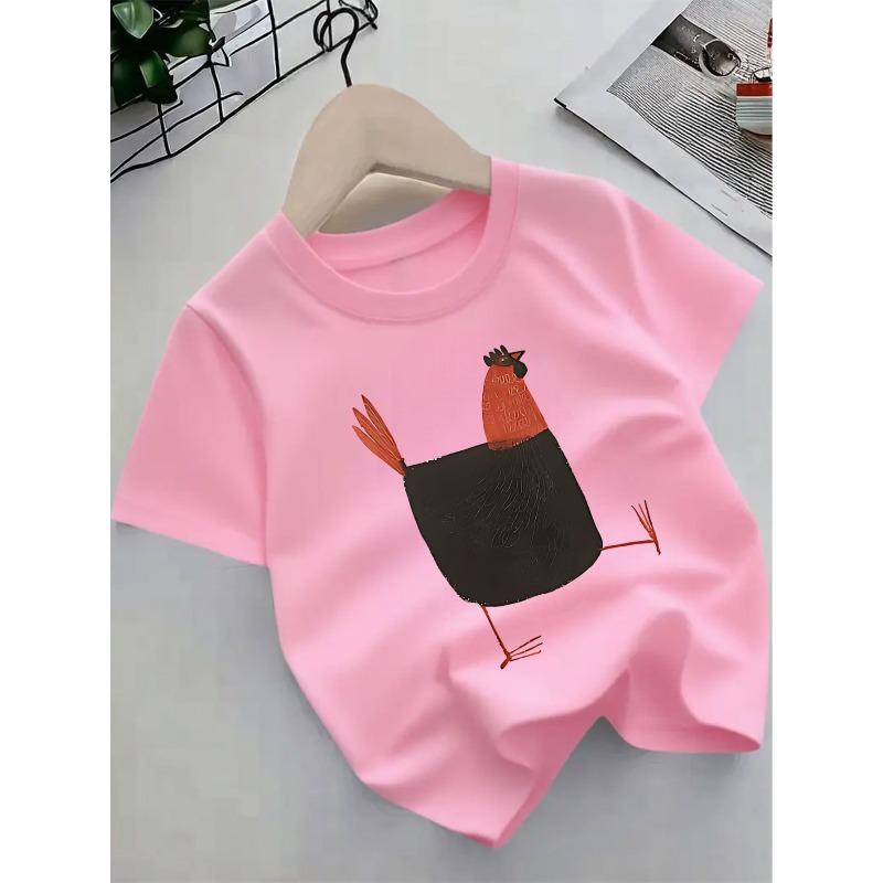 

European sizes Short Sleeve T-Shirt Cute Chicks & Chickens Farm Print - Summer Round Neck Blouse for, Casual 164cm рожевий