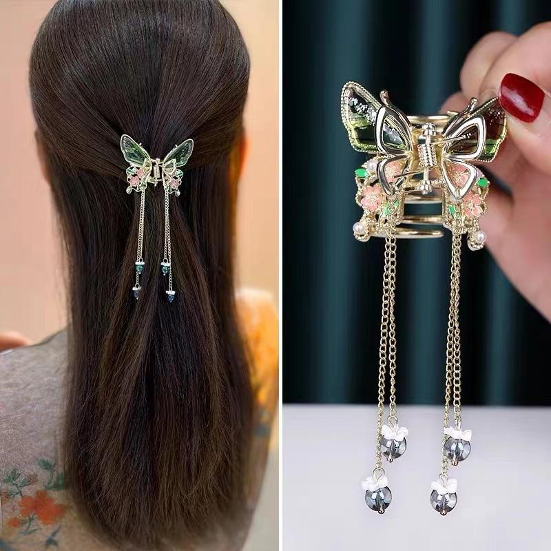 1PC Transparent Butterfly Wings Tassel Hairpin, Elegant Chinese Shark Clip, Ladies Hairpin