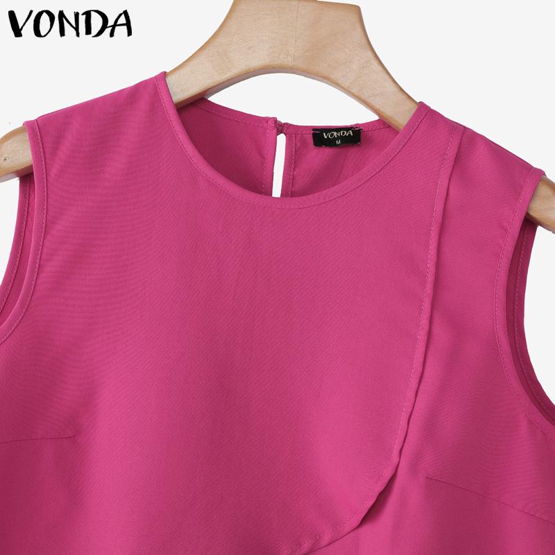 VONDA Women Round Neck Sleeveless Irregular Splits Casual Tank Tops