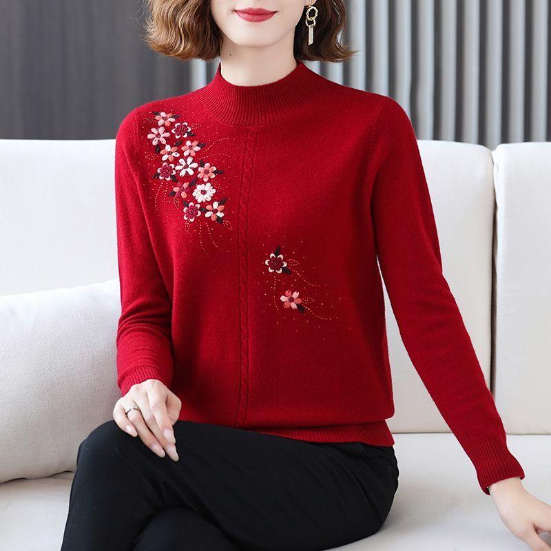 Women's Wool Sweater Round Neck Embroidery Knit Sweater Loose Plus Size Sweater Short Pullover Knitwear Spring Fall Winter