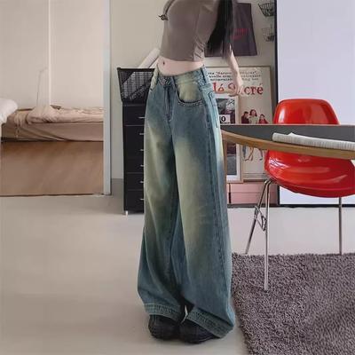 2024 Women's Retro Blue Washed Wide-Leg Jeans - Loose Casual Spring & Summer Straight Trousers