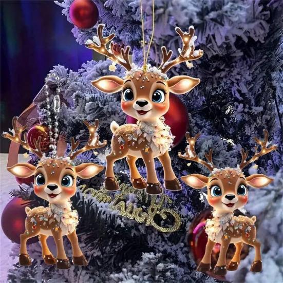 2D Flat Acrylic Elk Pendant Cartoon Deer Car Rearview Mirror Charm Christmas Tree Hanging Decoration for Auto Interior Accessories Holiday Window Wall