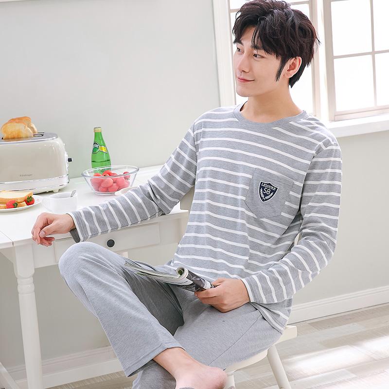 Casual Men Spring Autumn Nightwear Knitted Cotton Pajamas Set Long Sleeved Long Pants Fashion Elegant Mens Leisure