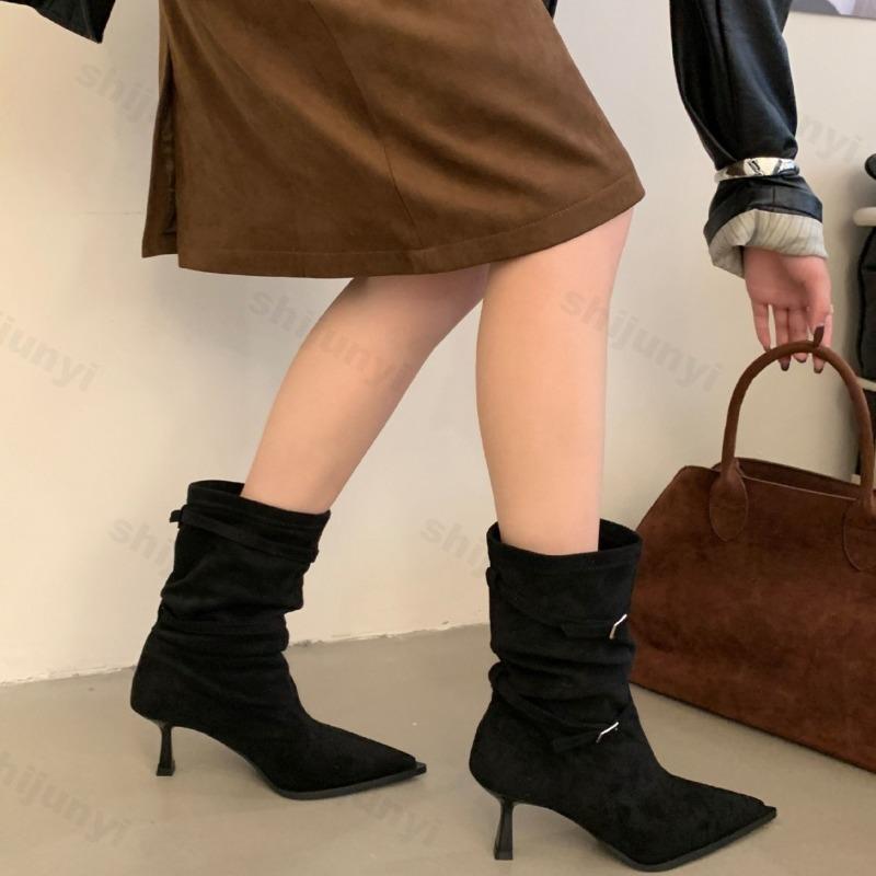 Women Ankle Boots Pointed Toe Suede High Heels Thin Heel Buckle 2026 Autumn French Outdoor Short Boots Fashion Botas De Mujer