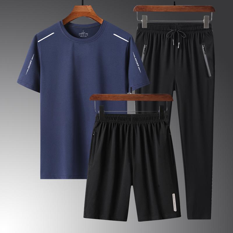 Summer Casual Men's Plus Size Ice Silk Three-Piece Set - Dad's Trendy Short Sleeve T-shirt