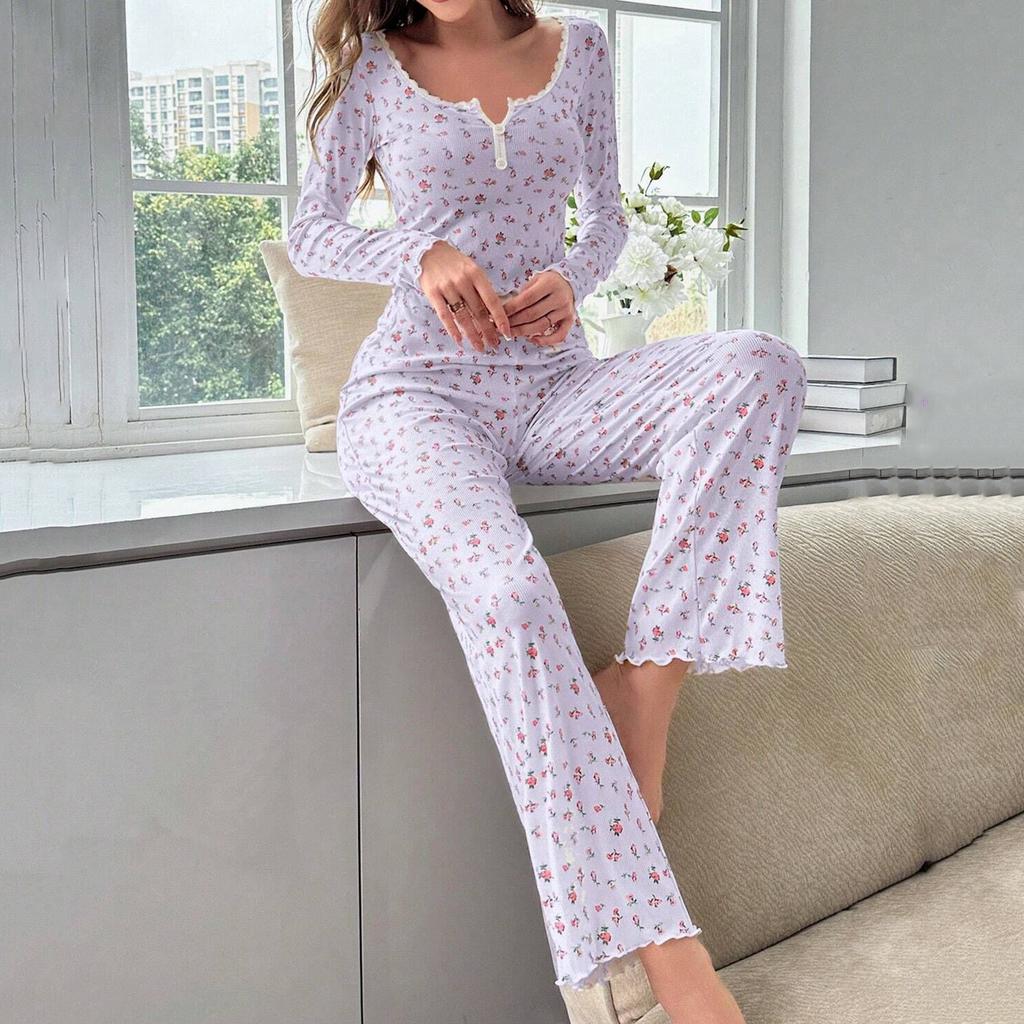 Women's Comfortable And Cute Floral Long-sleeved And Long-pants Pajama Set