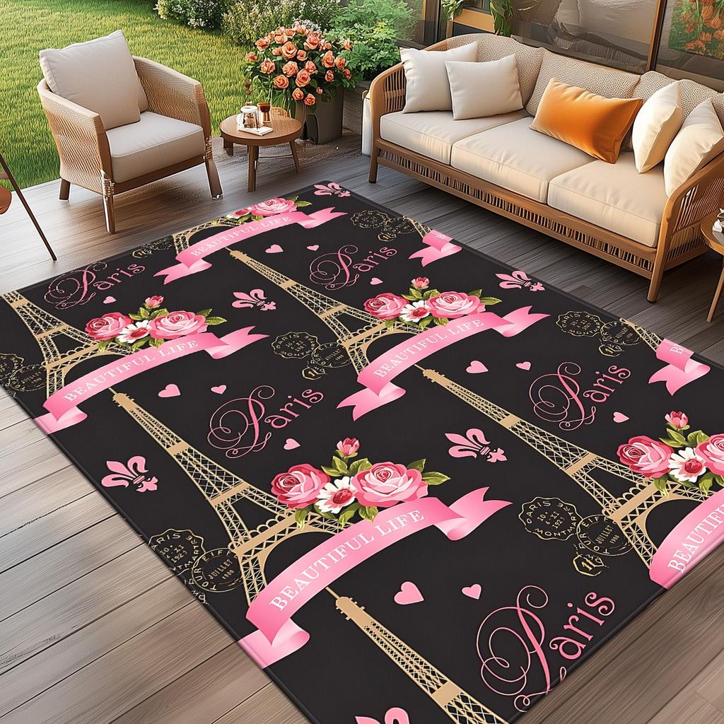 Paris Eiffel Tower Rose Pink Crystal Velvet Rug Romantic French Theme Bedroom Floor Mat Vintage Style Anti Slip Home Carpet